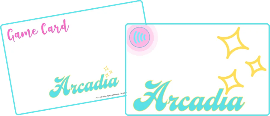 Two branded Arcadia game cards with teal borders, yellow stars, and contactless play artwork