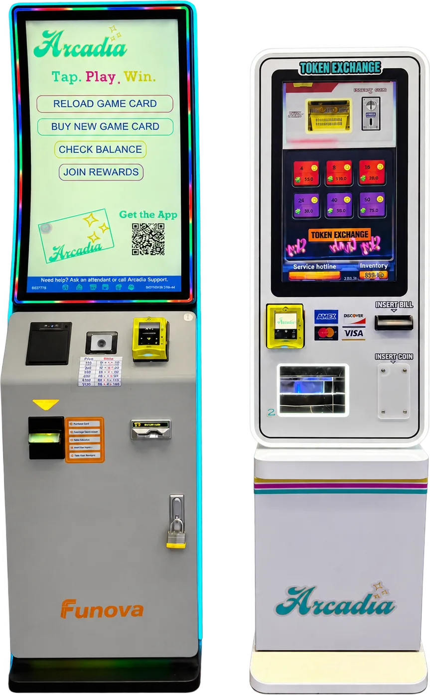 Arcadia game-card kiosk beside an Arcadia token dispenser