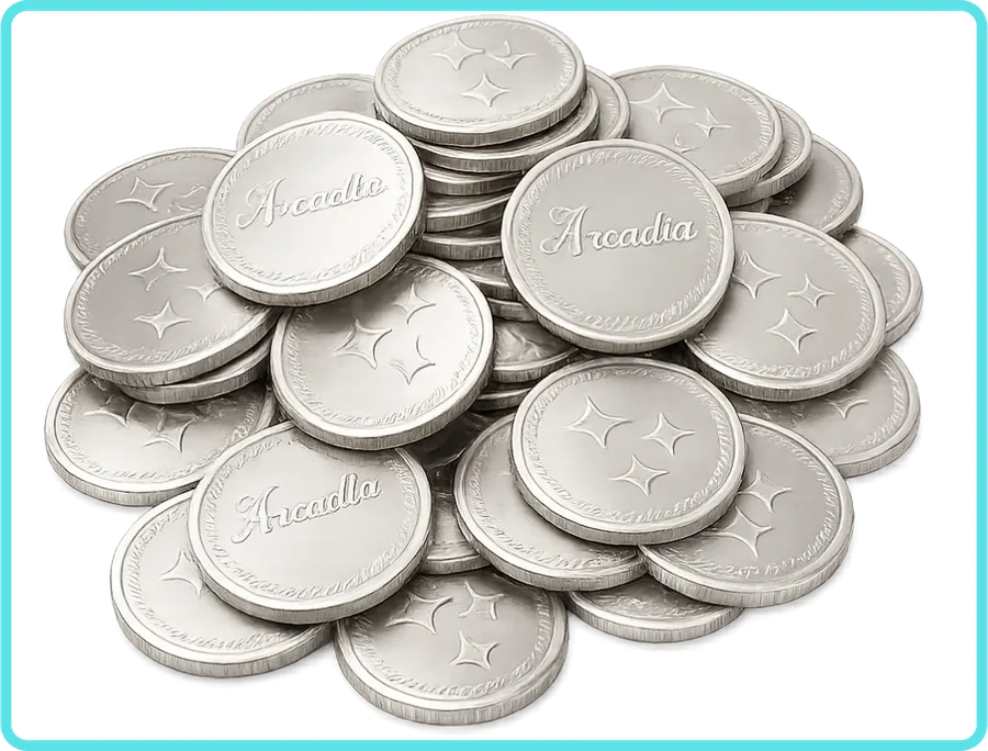 Silver Arcadia arcade tokens embossed with the Arcadia name and star emblem
